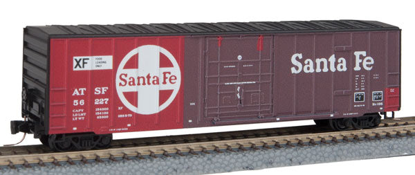 Micro-Trains 50' Rib-Side Plug-Door Boxcar, No Roofwalk - Ready to Run -- Santa Fe #56227 (Mismatched Repaint, red, Boxcar Red, Black, white, Large Lo - 489-51100210