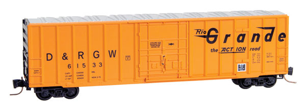 Micro-Trains 50' Rib-Side Plug-Door Boxcar, No Roofwalk - Ready to Run -- Denver & Rio Grande Western #61533 (orange, black, Large Action Road Logo) - 489-51100242