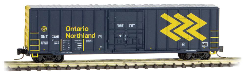 Micro-Trains 50' Rib-Side Plug-Door Boxcar No Roofwalk - Ready to Run -- Ontario Northland #7425 (blue, yellow, Chevron Logo) - 489-51100262
