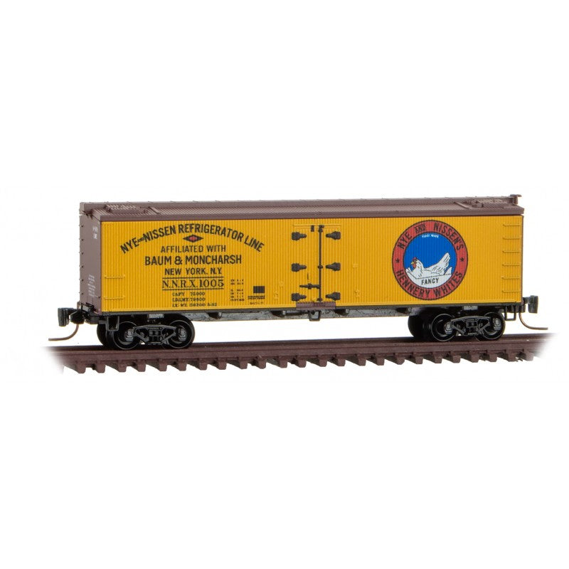 Micro-Trains Z-Scale  40' Wood-Sheathed Ice Reefer - Ready to Run -- Nye & Nissen's NNRX #1005 (yellow, Boxcar Red, Poultry & Egg Series #4)