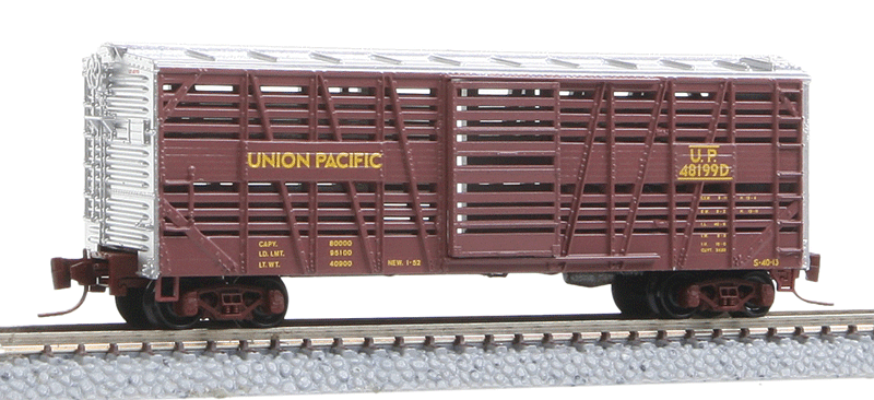 Micro-Trains 40' Single-Door Despatch Stock Car - Ready to Run -- Union Pacific #48199D (Boxcar Red, silver, yellow) - 489-52000191