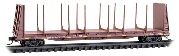 Micro-Trains 054 00 430 N 61' 8" Bulkhead Flatcar with Log Bunks - Ready to Run --  Southern SOU #115624 (Boxcar Red, yellow conspicuity marks)