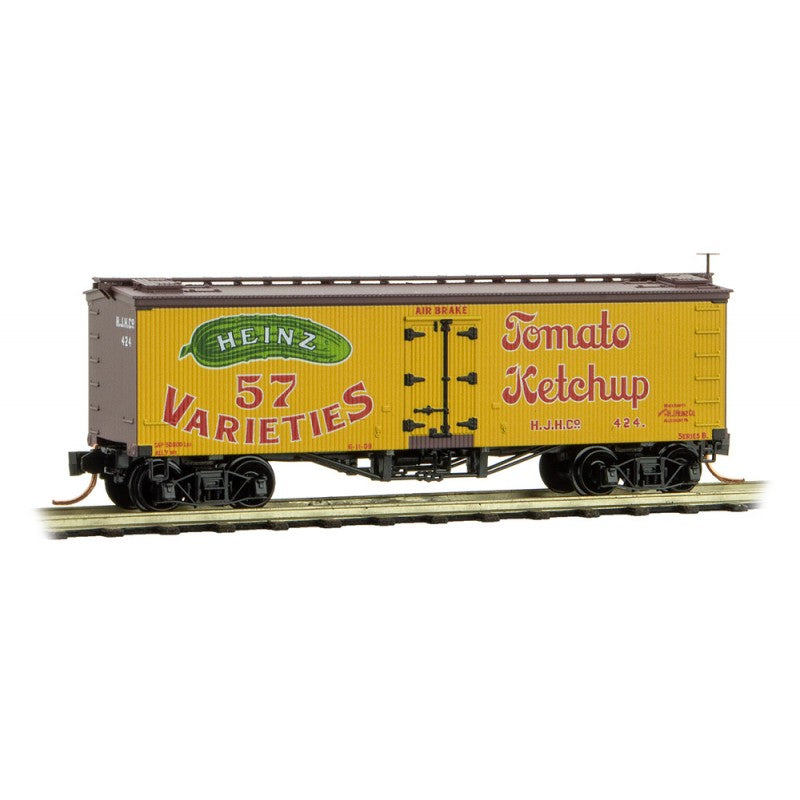 Micro-Trains 36' Wood-Sheathed Ice Reefer - Ready to Run -- Heinz 424 (Ketchup, yellow, Boxcar Red, green, red, Yellow Series Car 2) - 489-5800410