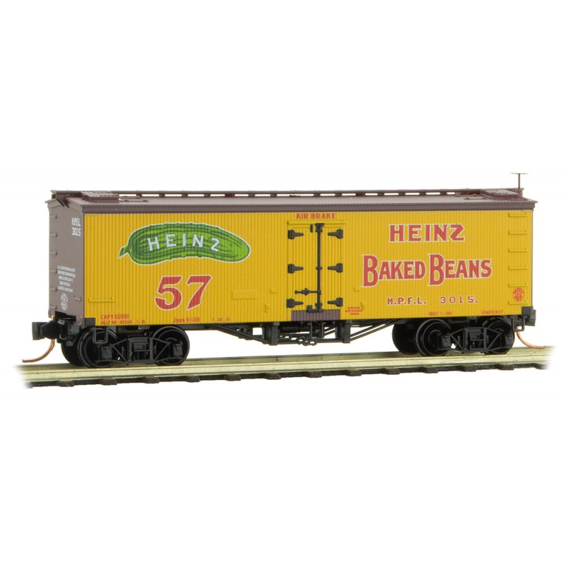 Micro-Trains 36' Wood-Sheathed Ice Reefer - Ready to Run -- Heinz 4660 (Baked Beans - Spaghetti; yellow, Boxcar Red, red, Series Car 6) - 489-5800440