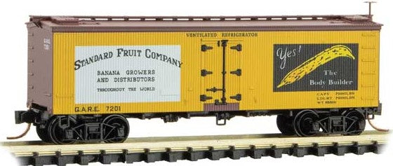 Micro-Trains 36' Wood-Sheathed Ice Reefer - Ready to Run -- Standard Fruit Company GARE 7201 (yellow, Boxcar Red, white, black) - 489-5800566