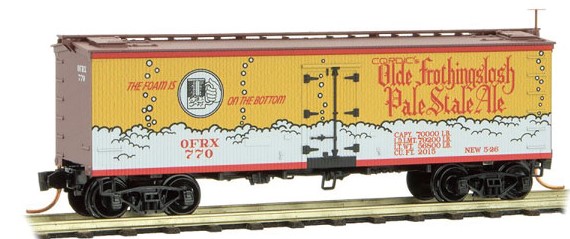 Micro-Trains 36' Wood-Sheathed Ice Reefer - Ready to Run -- Olde Frothingslosh Ale OFRX #770 (yellow, Boxcar Red, white, red) - 489-5800576