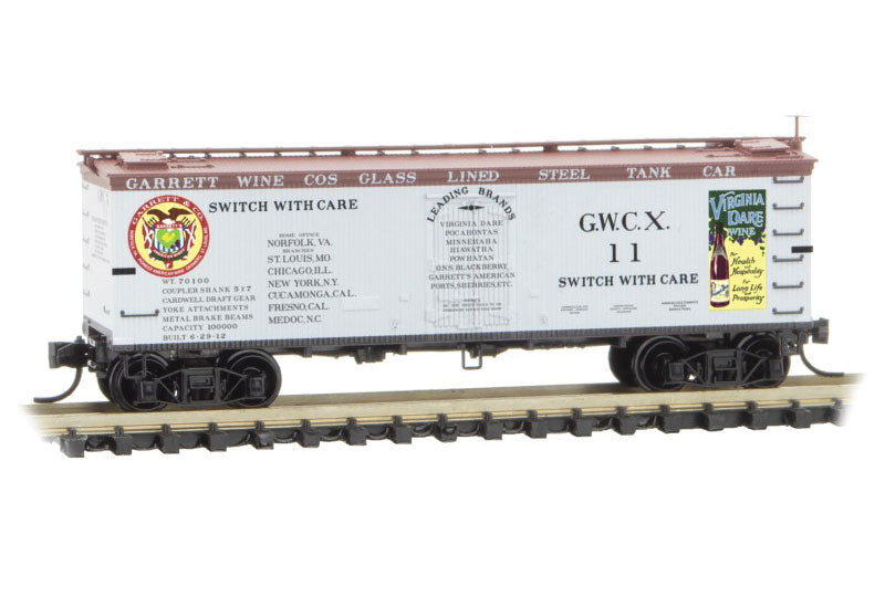 Micro-Trains 36' Wood-Sheathed Ice Reefer - Ready to Run -- Garrett Wine Company GWCX 11 (white, Boxcar Red, yellow, Grape to Glass 10) - 489-5800596