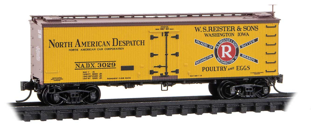 36' Wood-Sheathed Ice Reefer - Ready to Run -- W.S. Reister & Sons NADX #3029 (yellow, Boxcar Red, red, Poultry Egg Series