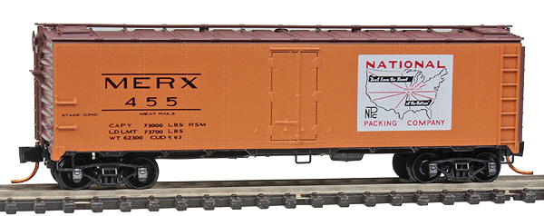 Micro-Trains 40' Single-Door Boxcar No Roofwalk - Ready to Run -- National Packing Company #455 (orange, Boxcar Red, Large Logo) - 489-5900161