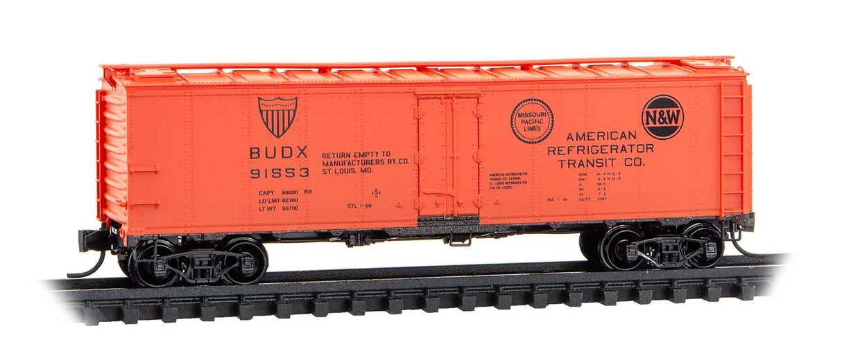 Micro-Trains 059 00 290 N 40' Steel Ice Reefer - Ready to Run -- American Refrigerator Transit BUDX #91553 (orange, black, MP & N&W Logos)