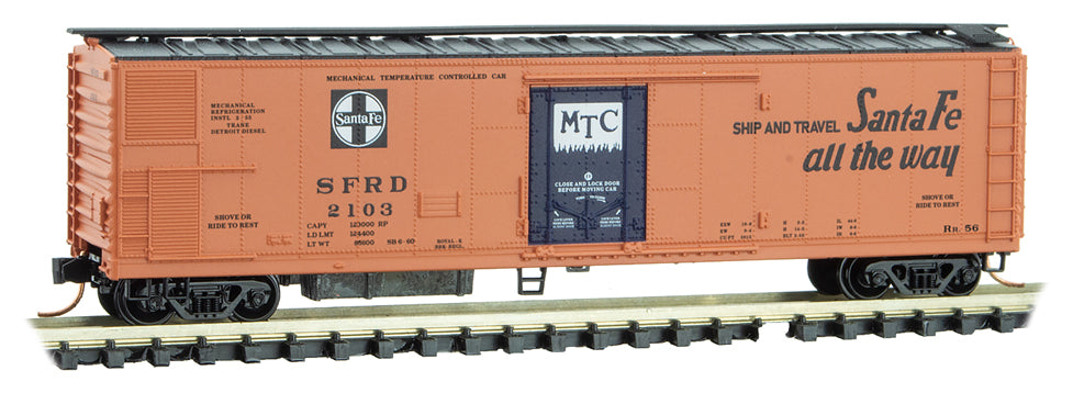 Micro-Trains 51' 3-3/4" Riveted-Side Mechanical Reefer - Ready to Run -- Santa Fe 22536 (orange, black, All the Way Slogan, MTC on Door) - 489-6900220