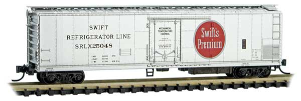 Micro-Trains 51' 3-3/4" Riveted-Side Mechanical Reefer - Ready to Run -- Swift Refrigerator Line SRLX 25048 (silver, red) - 489-6900240