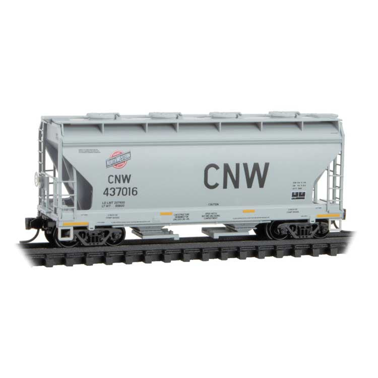 ACF 39' 2-Bay Center-Flow Covered Hopper - Round Hatches - Ready to Run -- Chicago & North Western #437016 (gray, large CNW)