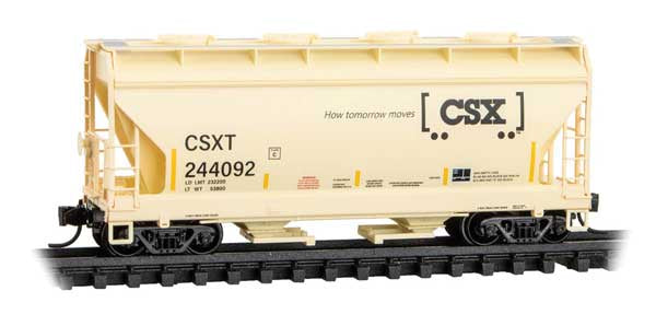 Micro-Trains N ACF 39' 2-Bay Center-Flow Covered Hopper - Round Hatches - Ready to Run -- CSX #244092 (beige, black, Boxcar Logo)