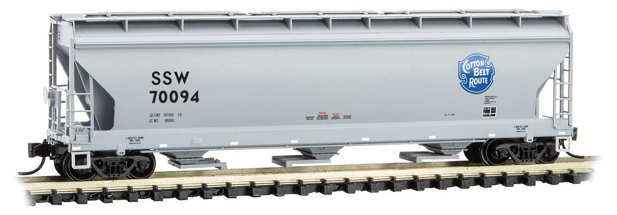Micro-Trains ACF 3-Bay Center Flow Covered Hopper with Elongated Hatches - Ready to Run -- Cotton Belt SSW 70094 (gray, blue, Cotton Belt Logo) - 489-9400622