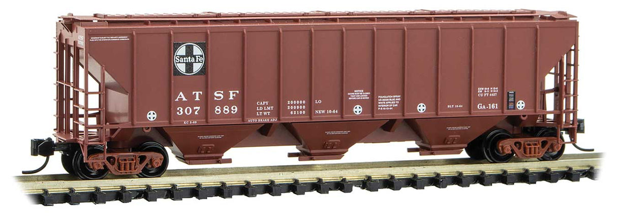 Micro-Trains Pullman-Standard PS-2 CD 4427 High-Side 3-Bay Covered Hopper - Ready to Run -- Santa Fe 307889 (Boxcar Red, black, Square Logo)