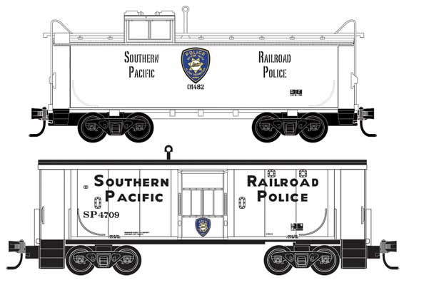 Micro-Trains Micro-Train N Bay Window & Steel Cupola Caboose Set Jewel Cases - Ready to Run -- Southern Pacific #01482, 4709 (Railroad Police, white) - 489-98300212