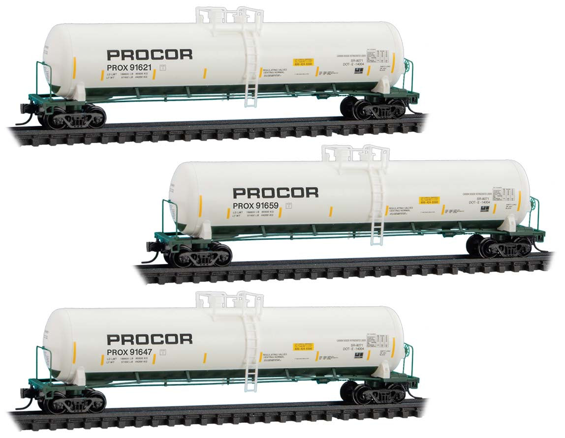 Micro-Trains N 56' General-Service Tank Car 3-Pack - Ready to Run -- Procor PROX #91621, 91647, 91659 (white, green, yellow)