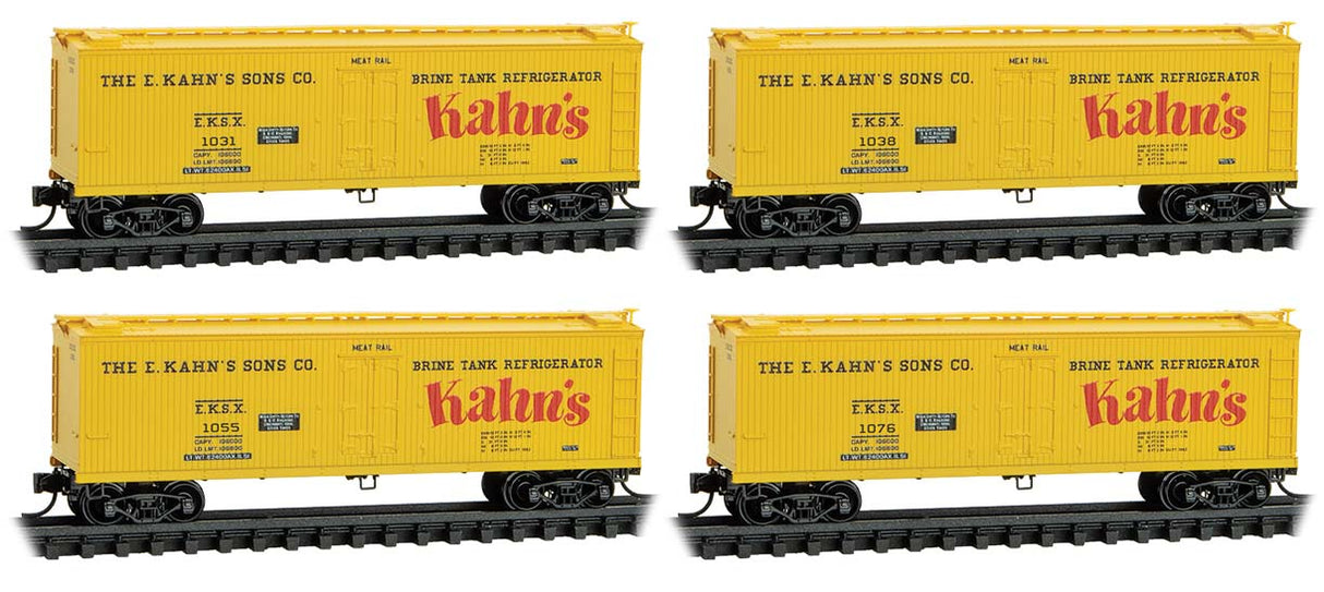 40' Double-Sheathed Wood Reefer w/Vertical Brake Wheel 4-Pack - Ready to Run -- Kahn's #1031, 1038, 1055, 1076 (yellow, red, black)