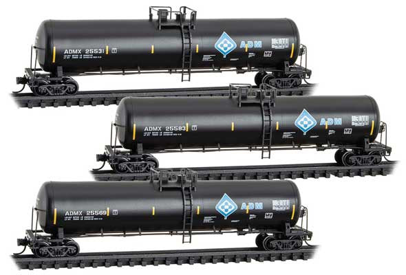 Micro-Trains N 56' General-Service Tank Car 3-Pack - Ready to Run -- Archer-Daniels-Midland ADMX #25583, 25569, 25531 (black, blue, Molecule Logo)