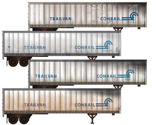 45' Van Trailer 4-Pack Jewel Case - Assembled -- Conrail #252216, 654602, 235238, 254100 (Weathered, white, blue)