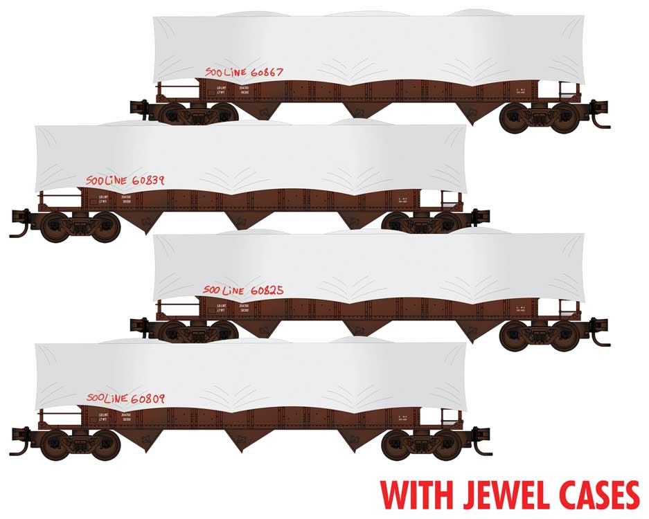 Micro-Trains N 	100-Ton 3-Bay Ribside Open Hopper w/Tarp Cover 4-Pack - Ready to Run Jewel Cas -- Soo Line #60867, 60839, 60825, 60809 (Weathered, Boxcar Red)
