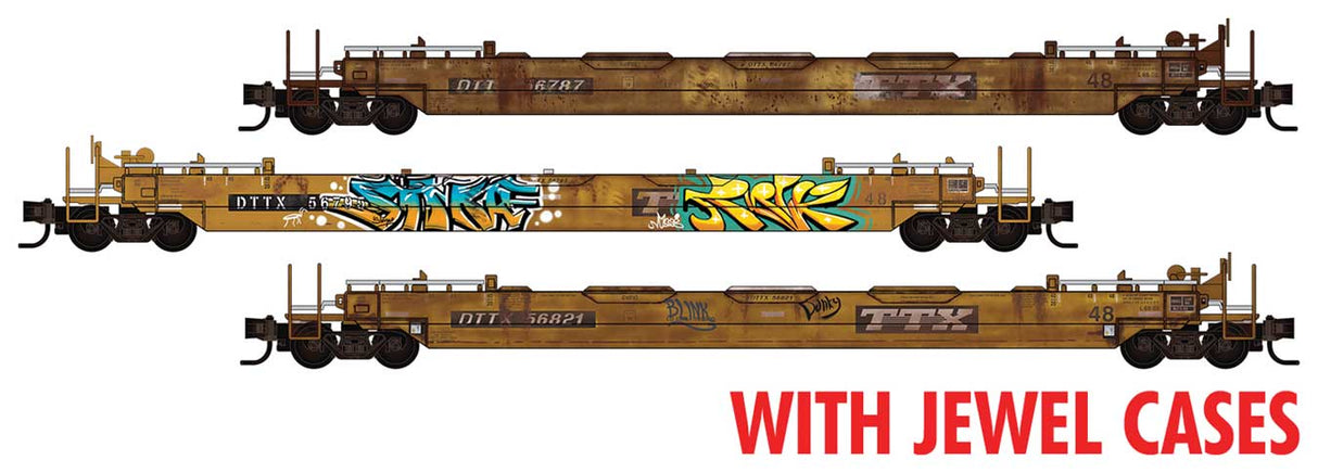 Micro-Trains N 70' Husky-Stack Well Car w/48' Well 3-Pack - Ready to Run -- TTX DTTX #56787, 56795, 56821 (Weathered, yellow, black, graffiti)