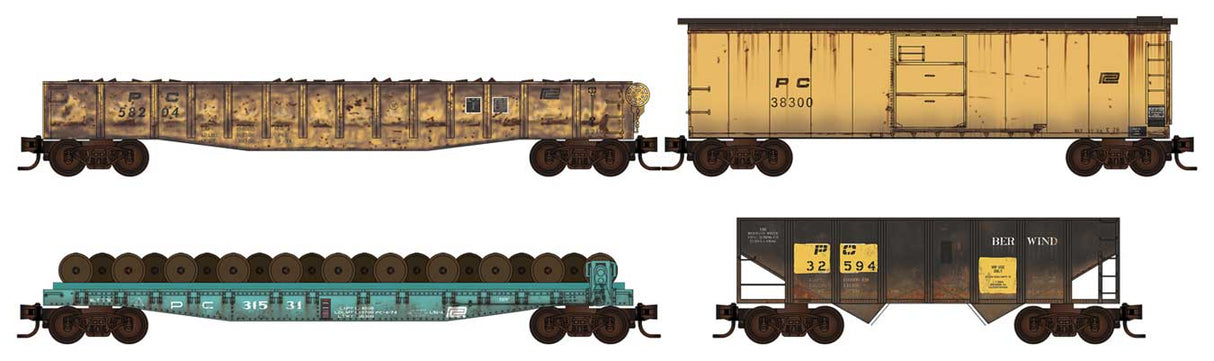 Micro-Trains 983 02 283 N Maintenance-of-Way 4-Car Set - Ready to Run w/Load Kits -- Penn Central Weathered Wheel Flat, Gondola, Boxcar, 2-Bay Hopper