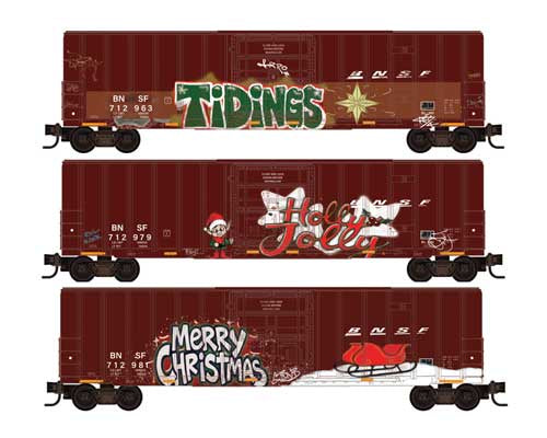 Micro-Trains 983 02 289 N 50' Rib-Side Plug-Door Boxcar No Roofwalk 3-Pack - Ready to Run -- BNSF Railway #712963, 712979, 712981 (Weathered, Boxcar Red, Christmas Graffiti)