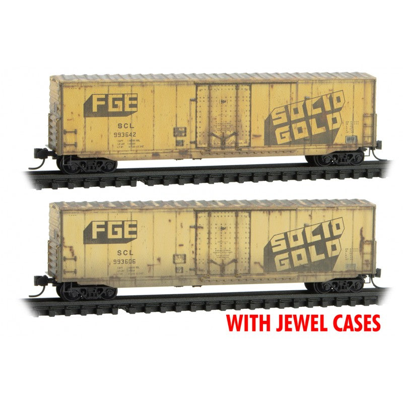 Micro-Trains 50' Boxcar w/8' Plug Door No Roofwalk 2-Pack Jewel Cases - Ready to Run -- Fruit Growers Express SCL #993642, 993606 (Weathered, yellow, Solid Gold Slo - 489-98305026