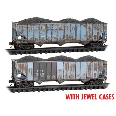 Micro-Trains N 	100-Ton 3-Bay Ribside Open Hopper w/Coal Load 2-Pack - Ready to Run -- Bessemer & Lake Erie #51026, 50772 (Weathered, Ex-RI, blue, black, graffiti)