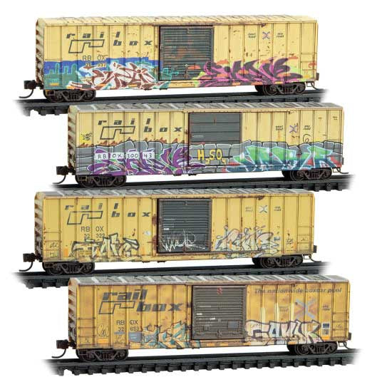 Micro-Trains N 50' Rib-Side Single-Door Boxcar No Roofwalk 4-Pack - Ready to Run -- Railbox #20557, 30043, 32322, 32653 (Weathered, yellow, black, graffiti)