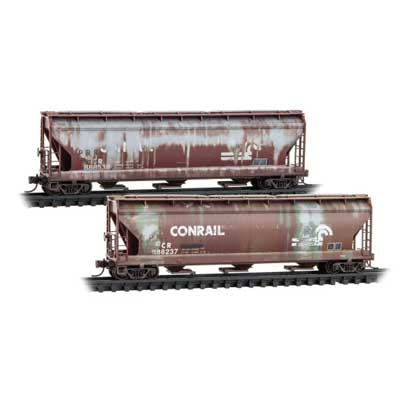Micro-Trains 983 05 102 N ACF 3-Bay Center Flow Covered Hopper w/Elongated Hatches 2-Pack - Ready to Run -- Conrail #888538, 888237 (Weathered, Boxcar Red, white)
