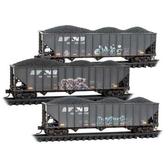 Micro-Trains 983 05 104 N 100-Ton 3-Bay Ribside Open Hopper w/Coal Load 3-Pack - Ready to Run -- Norfolk Southern #145649, 145891, 145998 (Weathered, black, graffiti)