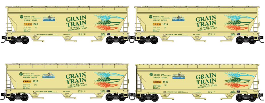 Micro-Trains by Atlas 983 100 244 N-Scale 3-Bay Covered Hopper (4-Pack) - Grain Train (CBRW) #1009, 1010, 1018, 1023