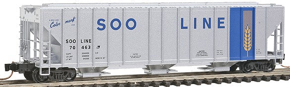 Micro-Trains Evans 100-Ton 3-Bay Covered Hopper - Ready to Run -- Elongated Hatches Soo Line #70463 (aluminum, blue, Colormark Logo) - 489-9900110