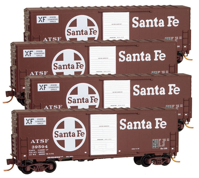 Micro-Trains 99300102 N 	40' Single-Door Boxcar No Roofwalk 4-Car Runner Pack - Ready to Run -- Santa Fe #39504, 39522, 39525, 39536 (Boxcar Red, white, Large Logo & XF)