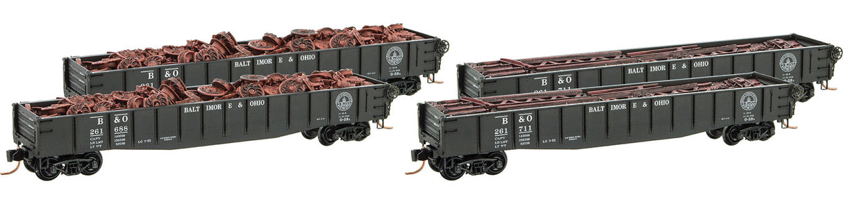 Micro-Trains 50' Gondola w/Fishbelly Sides & Drop-Ends 4-Pack - Ready to Run -- Baltimore & Ohio #261688, 261706, 261711, 261720 (black, Capitol Logo) - 489-99300132