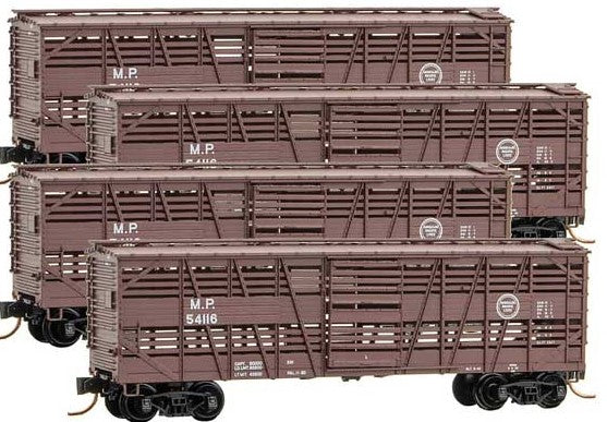 Micro-Trains 40' Despatch Stock Car 4-Pack - Ready to Run -- Missouri Pacific 54116, 54130, 54133, 54145 (Boxcar Red, white, Buzz Saw) - 489-99300141