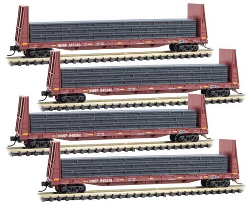 Micro-Trains 61' 8" Bulkhead Flatcar with Pipe Load 4-Pack - Ready to Run -- BNSF Railway 545258, 545262, 545346, 545349 (Boxcar Red, conspicuity marks) - 489-99300157