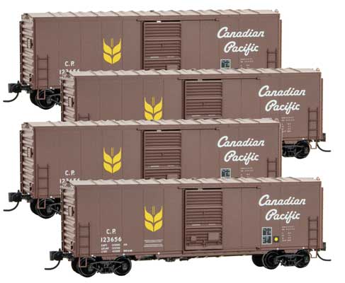 Micro-Trains 40' Single-Door Boxcar No Roofwalk, Short Ladders 4-Pack - Ready to Run -- Canadian Pacific 123649, 123656, 123663, 123670 (Boxcar Red, Script, Wheat) - 489-99300158