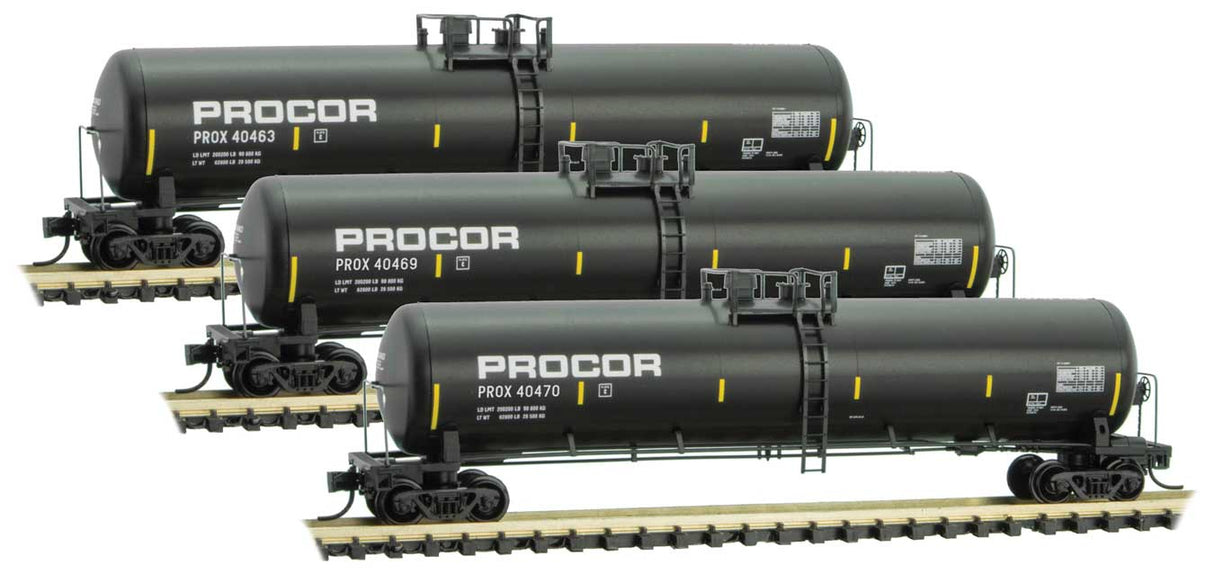 Micro-Trains Line 993 00 162 56' General-Service Tank Car 3-Pack - Ready to Run -- Procor PROX 40463, 40469, 40470 (black, yellow conspicuity markings)