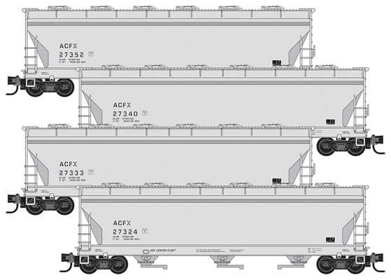 Micro-Trains ACF 3-Bay Center Flow Covered Hopper, Round Hatches 4-Pack - Ready to Run -- ACFX #27324, 27333, 27340, 27352 (gray, black) - 489-99300165