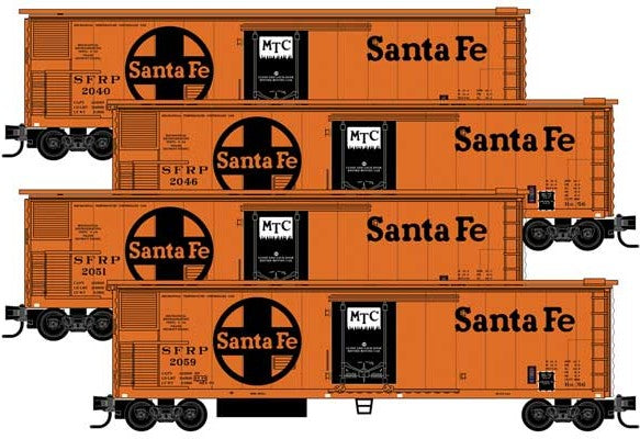 Micro-Trains 51' 3-3/4" Riveted-Side Mechanical Reefer 4-Pack - Ready to Run -- Santa Fe 2040, 2046, 2051, 2059 orange, black, Large Logo, MTC Logo) - 489-99300167