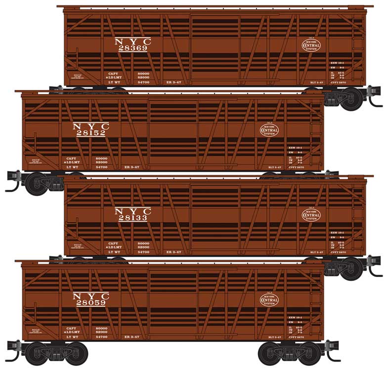 Micro-Trains 40' Despatch Stock Car 4-Pack - Ready to Run -- New York Central 28059, 28133, 28152, 28369 (Boxcar Red) - 489-99300174