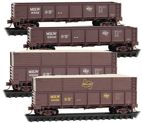 Micro-Trains 40' Drop-Bottom Gondola & Wood Chip Gondola 4 Car Set - Ready to Run -- Milwaukee Road #93012, 93045, 93068, 93085 (Boxcar Red) - 489-99300190