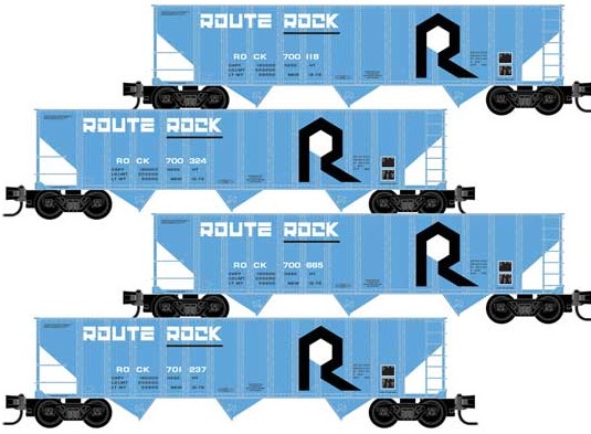 Micro-Trains 100-Ton 3-Bay Ribside Open Hopper w/Coal Load 4-Pack - Ready to Run -- Rock Island #700118, 700324, 700665, 701237 (blue, white, black) - 489-99300191