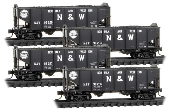 Micro-Trains 2-Bay Rib-Side Hopper 4-Pack w/Foam Nest - Ready to Run -- Norfolk & Western #96220, 96224, 96247, 96256 (black, Block N&W, Hamburger L - 489-99300195