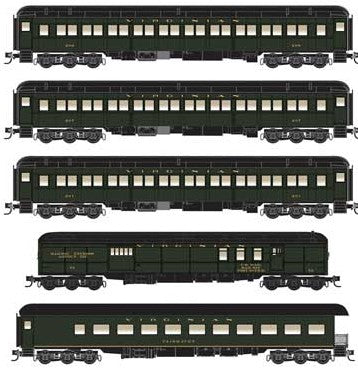 Micro-Trains Heavyweight Passenger 5-Car Set w/Foam Nest - Ready to Run -- Virginian (Pullman Green, black) - 489-99300196