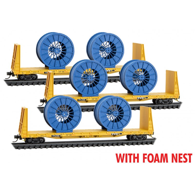 Micro-Trains N 61' 8" Bulkhead Flatcar w/Cable Reel Load 3-Pack - Ready to Run Foam Nest -- TTX TTPX (yellow, black)